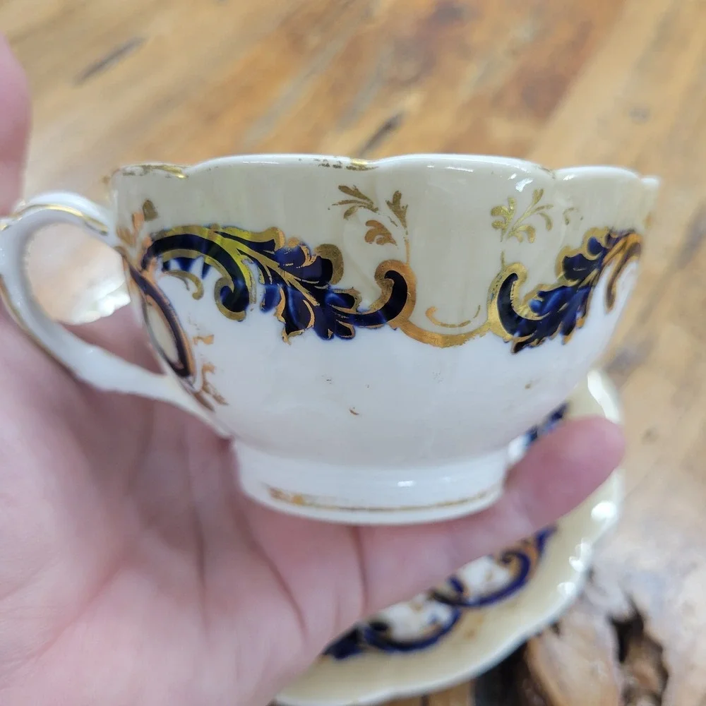 Antique John‎ Ridgway Tea Cup Saucer Cauldon Place Foliage Blue Gilding Acanthus